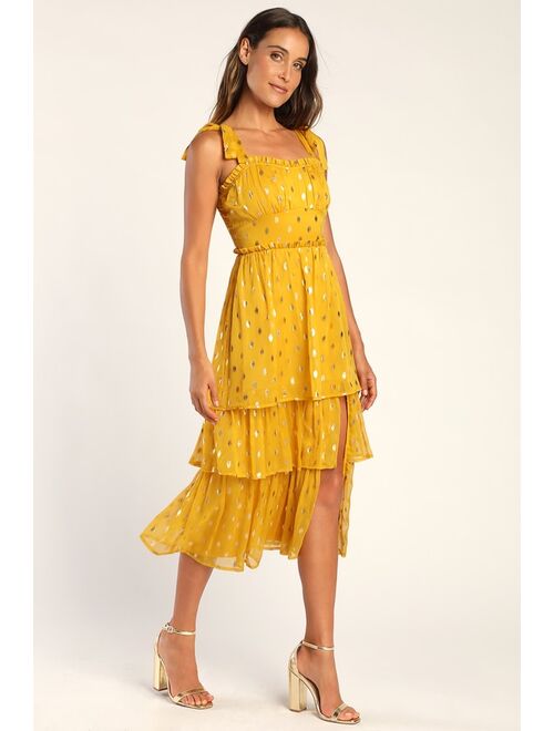 Lulus Celebration Chic Yellow Polka Dot Tie-Strap Tiered Maxi Dress