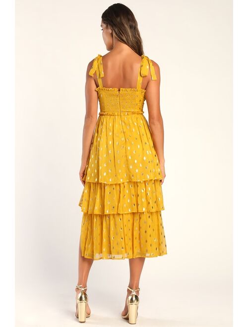 Lulus Celebration Chic Yellow Polka Dot Tie-Strap Tiered Maxi Dress