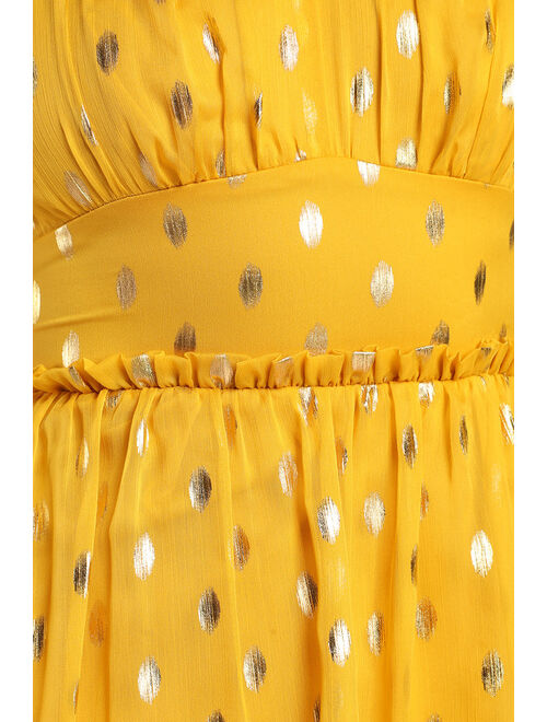 Lulus Celebration Chic Yellow Polka Dot Tie-Strap Tiered Maxi Dress