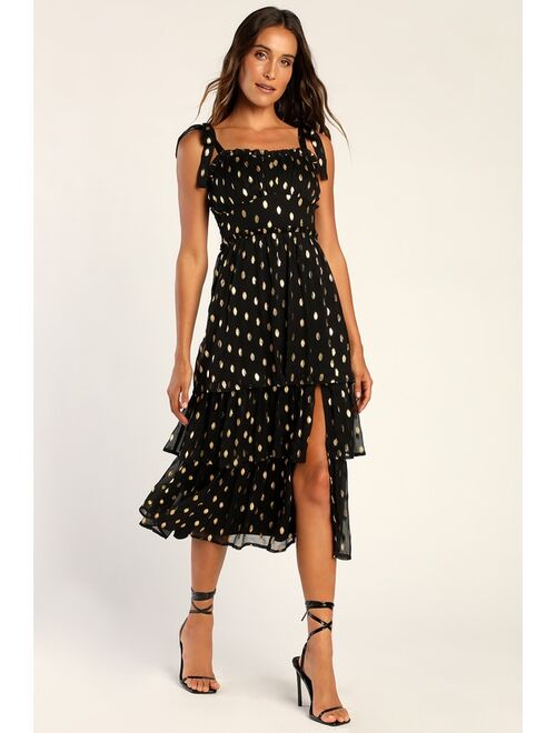 Lulus Celebration Chic Yellow Polka Dot Tie-Strap Tiered Maxi Dress