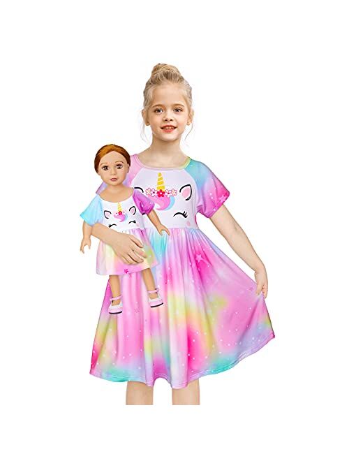 MHJY Girls & Doll Matching Nightgowns Unicorn Nightdress Sleepwear Pajamas for Girls and 18"Dolls