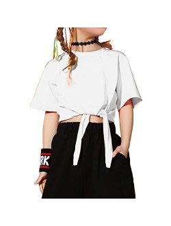 QianSiLi Girls Casual Crew Neck Tops Short Sleeve Solid Color Tie Strap Loose Soft Crop Tops T-Shirts for 7-12 Years