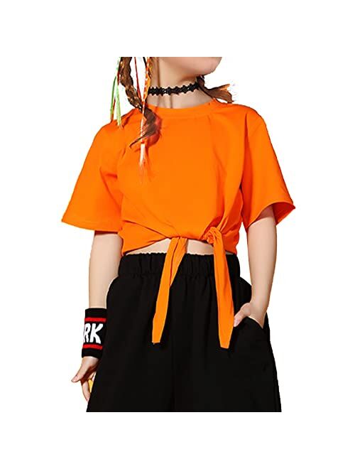 QianSiLi Girls Casual Crew Neck Tops Short Sleeve Solid Color Tie Strap Loose Soft Crop Tops T-Shirts for 7-12 Years