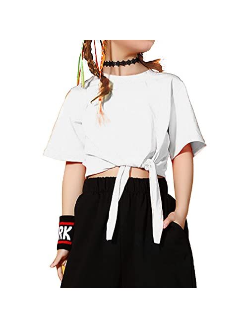 QianSiLi Girls Casual Crew Neck Tops Short Sleeve Solid Color Tie Strap Loose Soft Crop Tops T-Shirts for 7-12 Years