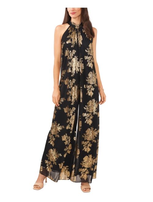 MSK Metallic Floral-Print Halter Wide-Leg Jumpsuit