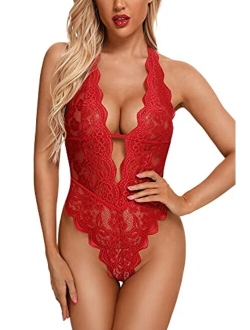 Aranmei Sexy Lingerie for Women Hollow Out Floral Lace Bodysuit One Piece Lingerie Deep V Teddy Babydoll Underwear