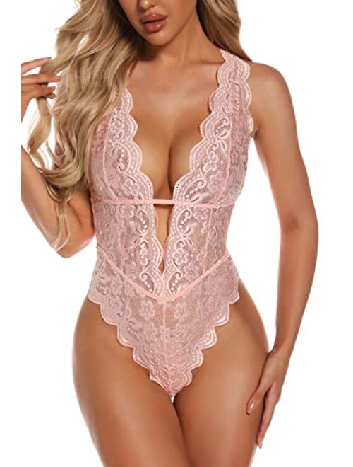 Aranmei Sexy Lingerie for Women Hollow Out Floral Lace Bodysuit One Piece Lingerie Deep V Teddy Babydoll Underwear