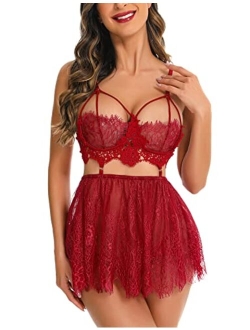 RSLOVE Lingerie for Women Lace Babydoll Chemise Sexy High Waisted Nightdress Sleepwear Set