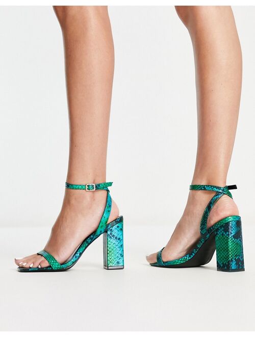 RAID Wide Fit Sabina mid heel sandals in blue and green snake print