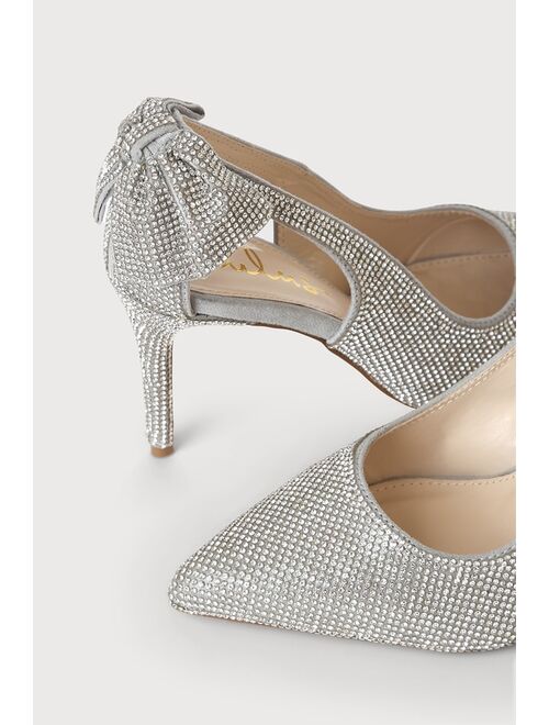 Lulus Sarika Grey Rhinestone Pointed-Toe Slingback Bow Pumps