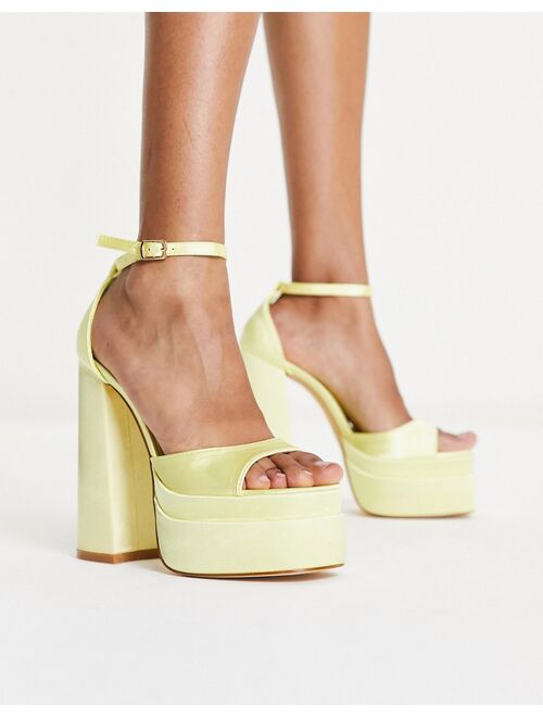 Glamorous layered platform heel sandals in lemon satin