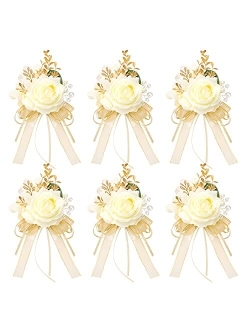 Ndeno Ivory Rose Wrist Corsage and Boutonniere Set Artificial Men Corsage Wristlet Band Bracelet for White Wedding Flowers Ceremony Accessories Prom Suit Decorations (2, 