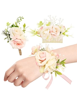 Ndeno Ivory Rose Wrist Corsage and Boutonniere Set Artificial Men Corsage Wristlet Band Bracelet for White Wedding Flowers Ceremony Accessories Prom Suit Decorations (2, 
