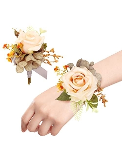 Ndeno Ivory Rose Wrist Corsage and Boutonniere Set Artificial Men Corsage Wristlet Band Bracelet for White Wedding Flowers Ceremony Accessories Prom Suit Decorations (2, 