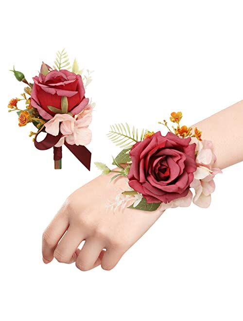 Ndeno Ivory Rose Wrist Corsage and Boutonniere Set Artificial Men Corsage Wristlet Band Bracelet for White Wedding Flowers Ceremony Accessories Prom Suit Decorations (2, 