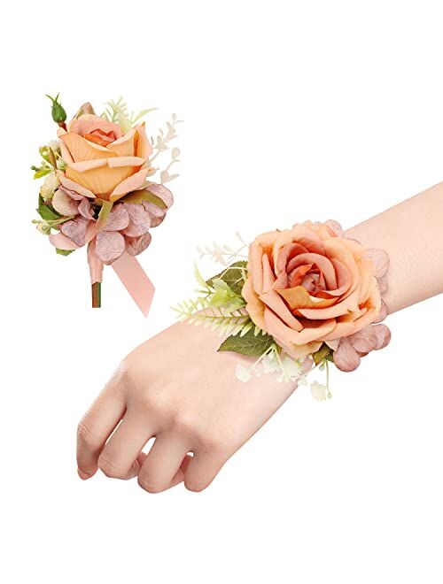 Ndeno Ivory Rose Wrist Corsage and Boutonniere Set Artificial Men Corsage Wristlet Band Bracelet for White Wedding Flowers Ceremony Accessories Prom Suit Decorations (2, 