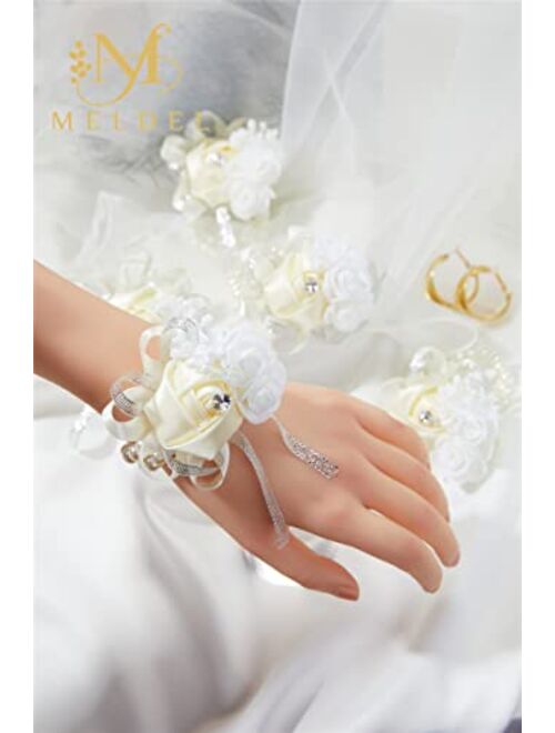 Meldel Beige Wrist Corsage for Prom, 2pcs Champagne Rose Flower Corsages for Bridal Bridesmaid Girl Women, Wrist Flower Set for Wedding Mother of Bride, Hand Flower for H