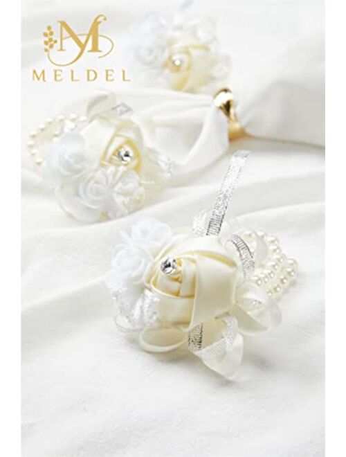 Meldel Beige Wrist Corsage for Prom, 2pcs Champagne Rose Flower Corsages for Bridal Bridesmaid Girl Women, Wrist Flower Set for Wedding Mother of Bride, Hand Flower for H