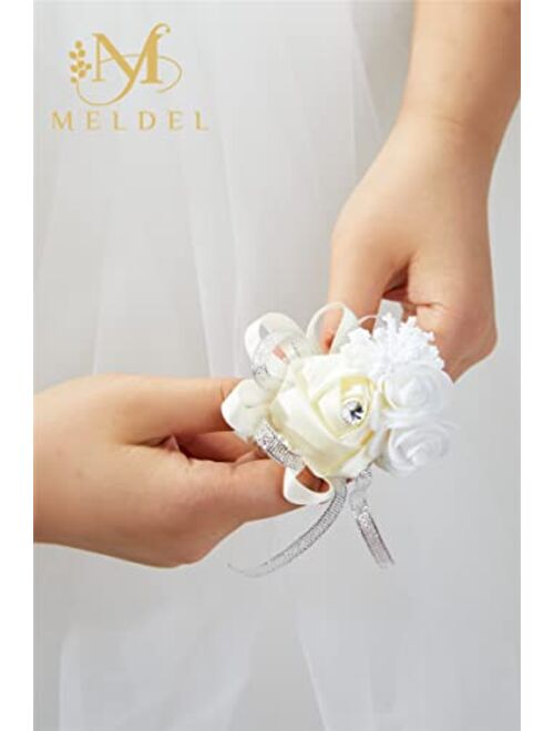 Meldel Beige Wrist Corsage for Prom, 2pcs Champagne Rose Flower Corsages for Bridal Bridesmaid Girl Women, Wrist Flower Set for Wedding Mother of Bride, Hand Flower for H