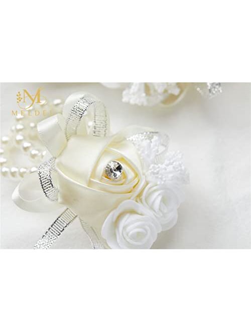 Meldel Beige Wrist Corsage for Prom, 2pcs Champagne Rose Flower Corsages for Bridal Bridesmaid Girl Women, Wrist Flower Set for Wedding Mother of Bride, Hand Flower for H