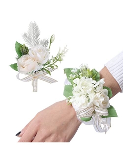 Spirit Up Art Set of 4 Faux Champagne Peony Wedding Corsage and Boutonniere Set, Bride Girls Ivory White Artificial Rose Wrist Corsages Handmade Ribbon Flowers Groom Groo