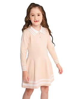 SMILING PINKER Girls Uniform Dresses Long Sleeve School Polo Striped Knit Sweater Dress