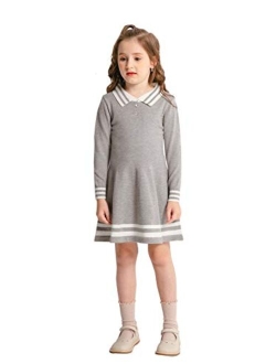 SMILING PINKER Girls Uniform Dresses Long Sleeve School Polo Striped Knit Sweater Dress