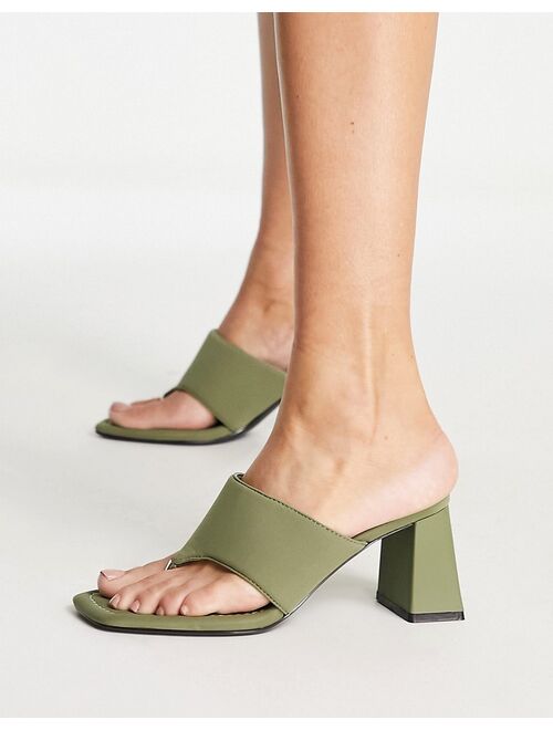 Bershka heeled toe post sandal in khaki