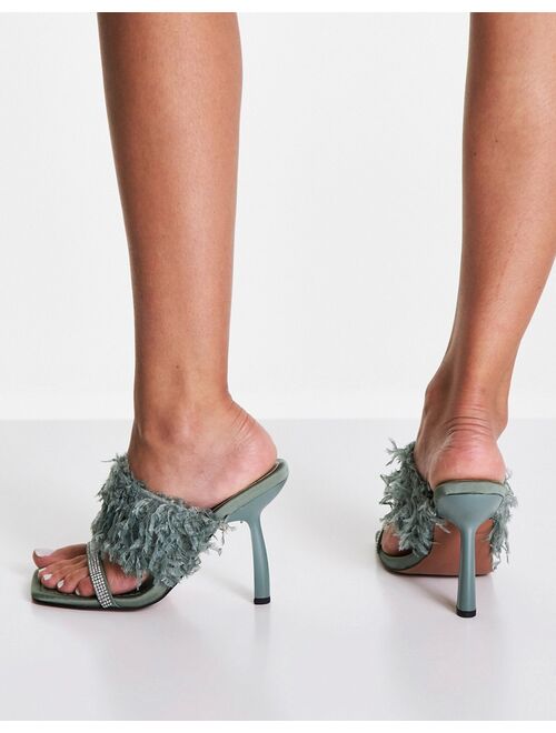 ASOS DESIGN Nettle faux feather embellished heeled mules in sage green