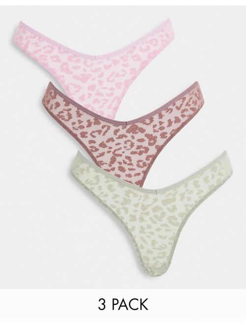 ASOS DESIGN 3 pack flocked animal mesh v-front thong in pink, mink & sage