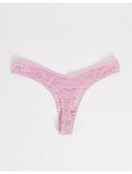 ASOS DESIGN 3 pack flocked animal mesh v-front thong in pink, mink & sage