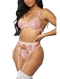 Aranmei Lingerie for Women 4 Piece Lingerie Set with Garter Belt and Stockings Bra and Panty Sets Sexy Lace Bodydoll Lingerie