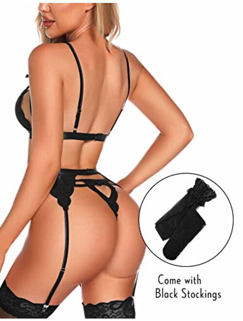 Aranmei Lingerie for Women 4 Piece Lingerie Set with Garter Belt and Stockings Bra and Panty Sets Sexy Lace Bodydoll Lingerie