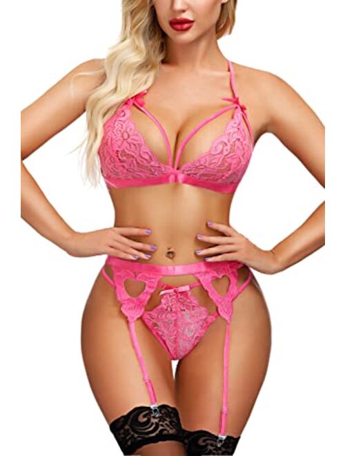 Aranmei Lingerie for Women 4 Piece Lingerie Set with Garter Belt and Stockings Bra and Panty Sets Sexy Lace Bodydoll Lingerie