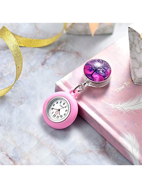 Lancardo 1-3 Pack Retractable Nurse Watch Clip On with Secondhand Stethoscope Lapel Fob Doctor Nurse Watch Magical Tree Pattern Silicone Cover for Women and Men