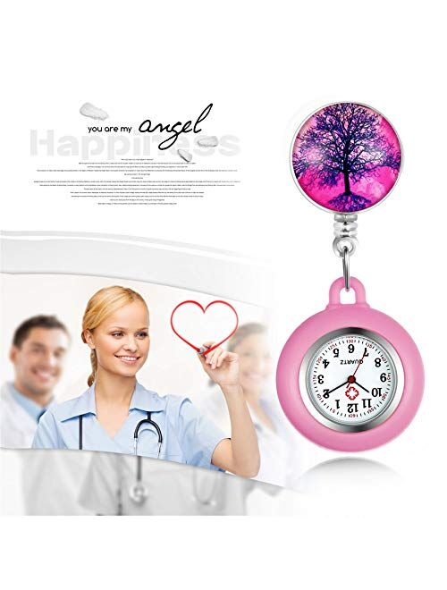 Lancardo 1-3 Pack Retractable Nurse Watch Clip On with Secondhand Stethoscope Lapel Fob Doctor Nurse Watch Magical Tree Pattern Silicone Cover for Women and Men