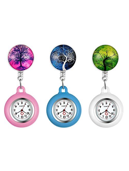 Lancardo 1-3 Pack Retractable Nurse Watch Clip On with Secondhand Stethoscope Lapel Fob Doctor Nurse Watch Magical Tree Pattern Silicone Cover for Women and Men