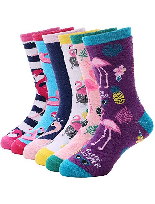 Ebmore Kids Girls Socks Cotton Crew Cute Cartoon Animal Pattern Fun Novelty Socks 6 Pack