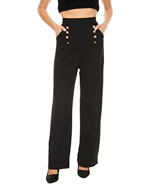 ACCOMSOUL Womens High Waisted Wide Leg Pants with Double Breasted Elastic Waistband Casual Work Pants with Pockets