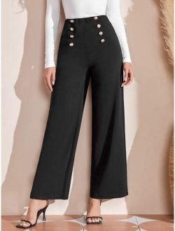 Double Button Front High Waist Wide Leg Pants