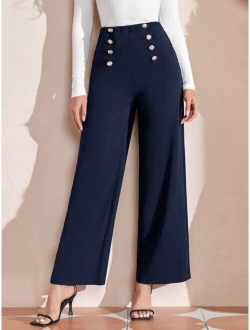 Double Button Front High Waist Wide Leg Pants