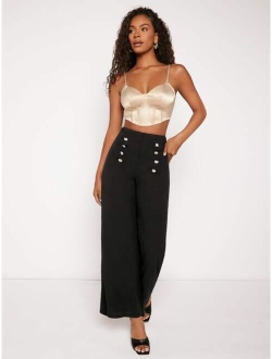 Double Button Front High Waist Wide Leg Pants