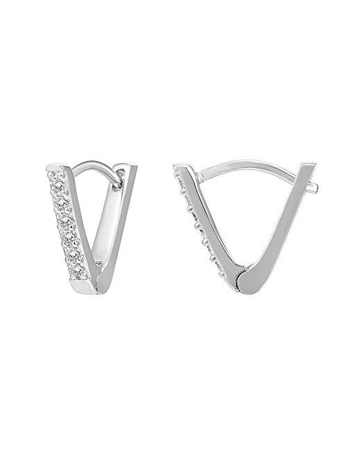 PAVOI 14K Gold Plated Sterling Silver Post V-Shaped Huggie Earrings - Cubic Zirconia Studded Small Hoop Earrings for Women in Rose Gold, White Gold and Yellow Gold Platin