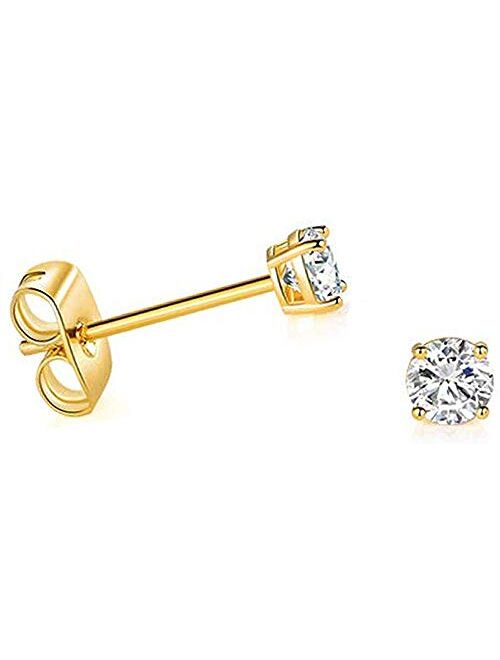 Art And Molly Solid 14k Yellow Gold Solitaire Round Cubic Zirconia CZ Stud Earrings with 14k Gold Butterfly Push Backings