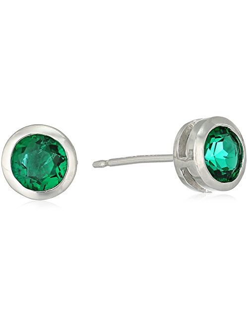 Amazon Collection Sterling Silver Genuine and Created Gemstone 5mm Bezel Set Birthstone Stud Earrings