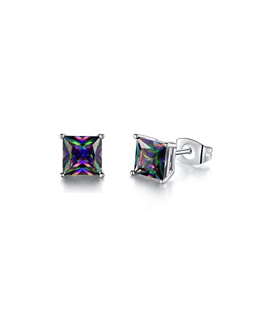 Voluka Women and Men 18K White Gold Plated Created Rainbow Quartz CZ Round/Square Stud Earrings Hypoallergenic for Sensitive Ears Jewelry Gifts