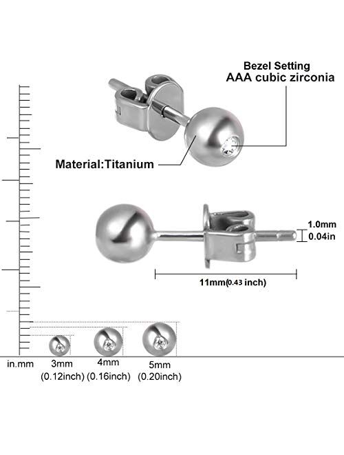 Justjandm Titanium Earrings for Sensitive Ears,Titanium Stud Earrings for Women, Ball Stud Earrings 3mm 4mm 5mm