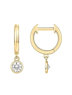 14K Gold Plated S925 Sterling Silver Post Lightweight Drop/Dangle Huggie Earrings for Women | Bezel Set Solitaire CZ | Dainty Earrings