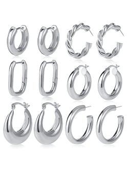 17km 6 Pairs Gold Chunky Hoop Earrings Set for Women Hypoallergenic Thick Open Twisted Huggie Hoop Jewelry for Birthday/Christmas Gifts