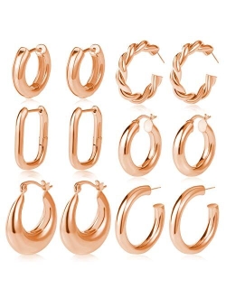 17km 6 Pairs Gold Chunky Hoop Earrings Set for Women Hypoallergenic Thick Open Twisted Huggie Hoop Jewelry for Birthday/Christmas Gifts